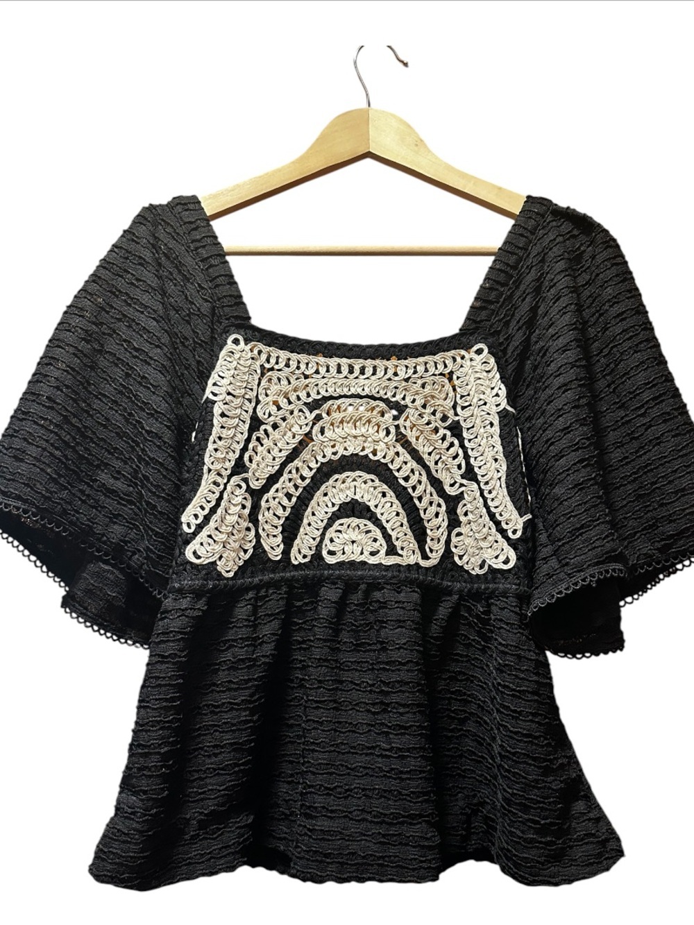 Sarah Hann Black Peplum Top with Ivory Crochet Panel